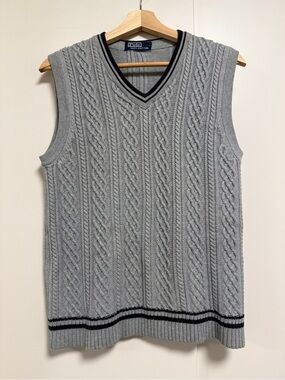 POLO Cable Knit V-Neck Sweater Vest in Light Gray